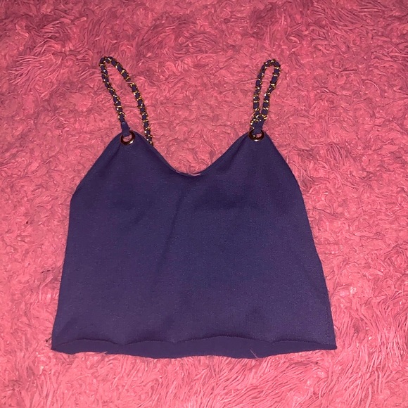 Blue tank crop top w faux gold chain straps - Picture 1 of 3